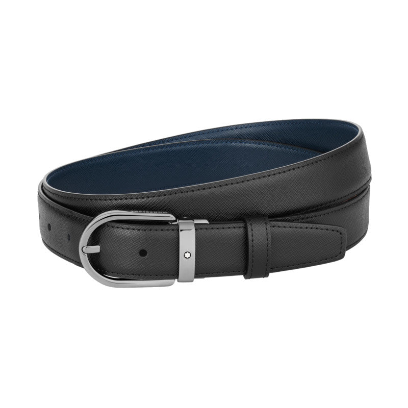 Ceinture hommeMontblancCeinture réversible à boucle fer à cheval de 30 mm en cuir noir/bleu