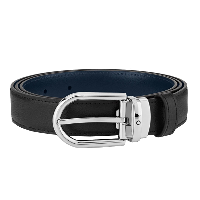 Ceinture hommeMontblancCeinture réversible Montblanc à boucle fer à cheval de 30 mm en cuir noir/bleu