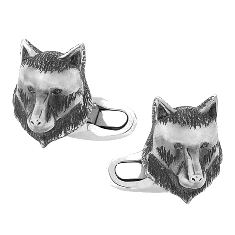Boutons de manchette, motif tête de loup en argent sterling