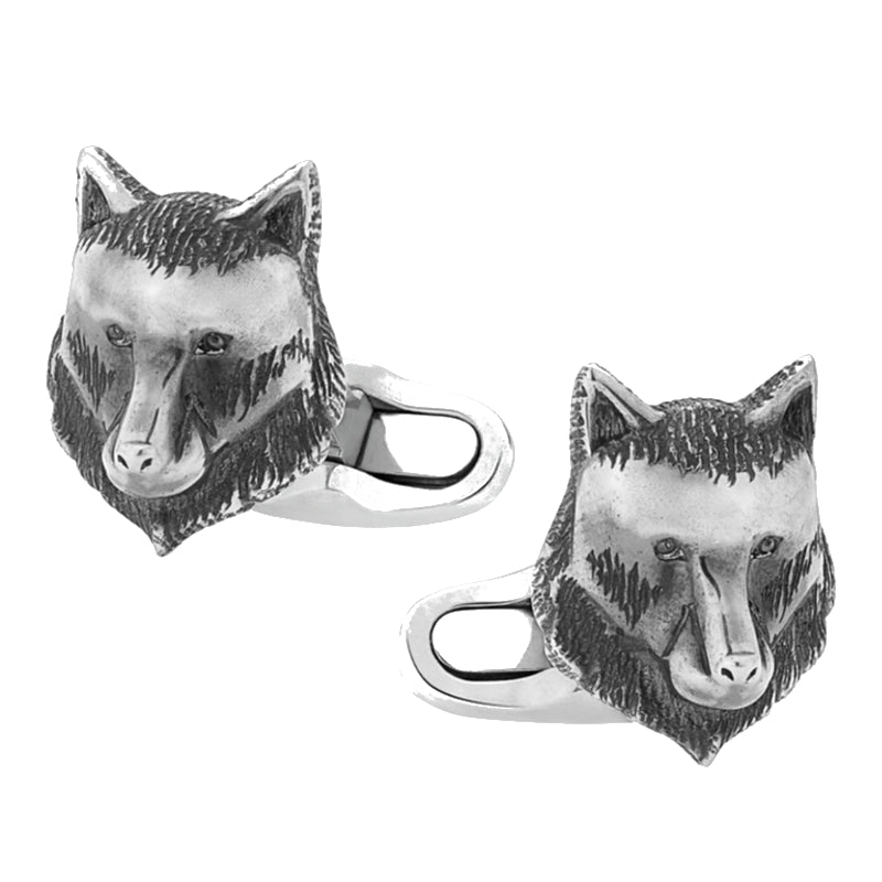 Boutons de manchette, motif tête de loup en argent sterling